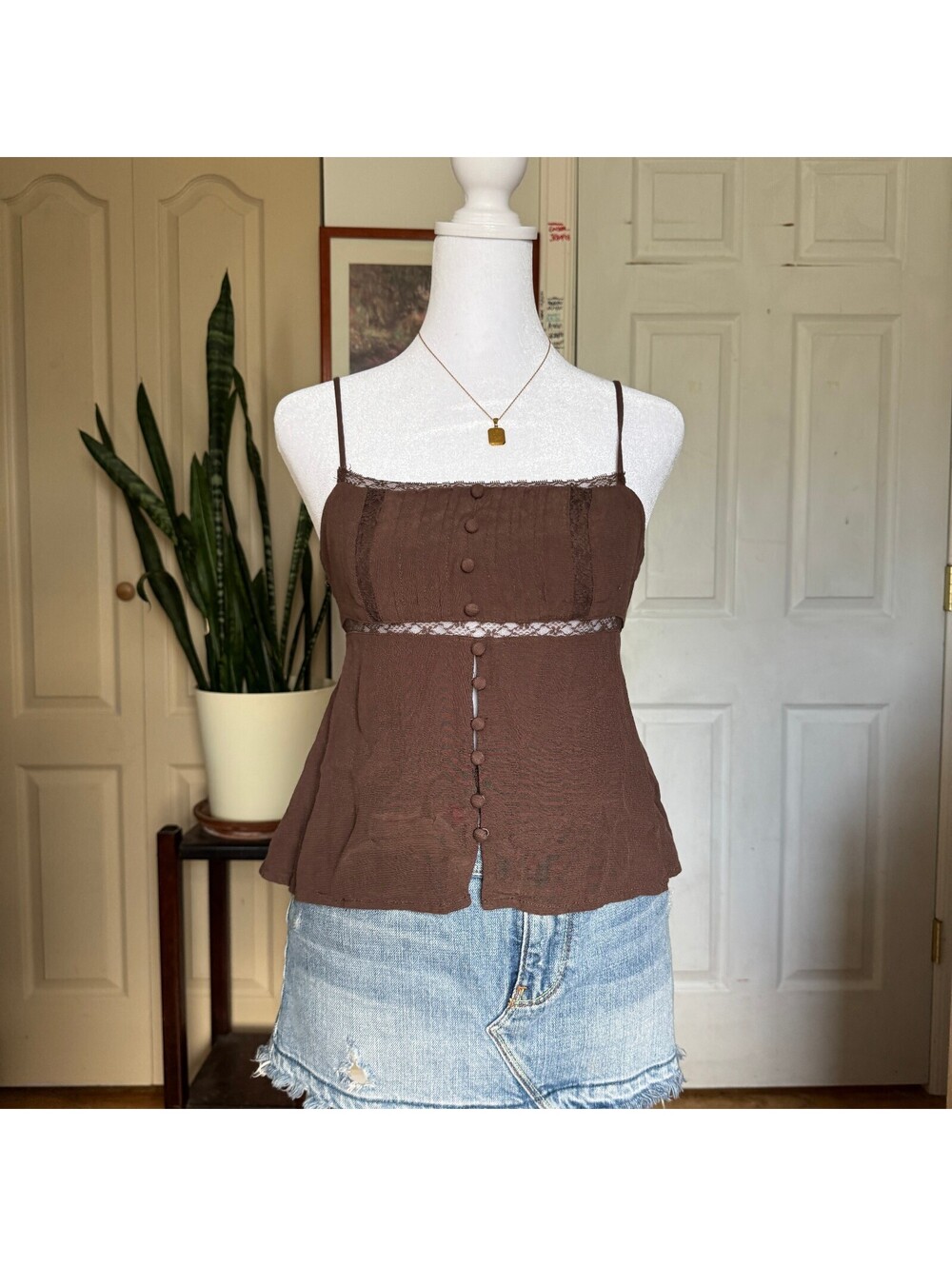 wild Fable Brown Spaghetti Strap Button-Up Tank Top XXS